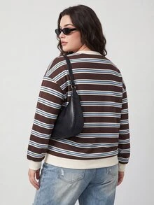 Solavibe Women's Plus Size Striped Colorblock Casual Versatile Daily Wear Long Sleeve Sweatshirt Fall - Multicolor - View 2
