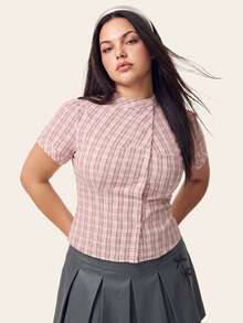 Comfortcana Plus Size Summer Casual Plaid Petal Sleeve Shirt - Dusty Pink - View 13
