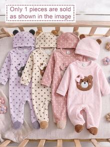 SHEIN Playful Pals Newborn Comfortable Soft Plush Pink Polka Dot Teddy Bear Applique Embroidery 3D Bow Decor Round Neck Fleece Footed Jumpsuit With Hat Autumn Winter - Baby Pink - View 6
