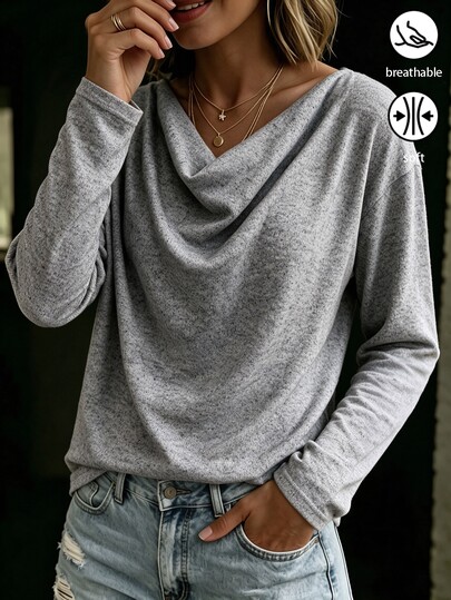 SHEIN Holidaya Solid Color Cowl Neck 3/4 Sleeve T-Shirt Women Loose Drape Ruched Neck Casual Versatile Pullover Top