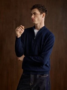 Manfinity CityGents Men's Solid Color Casual Versatile Daily Wear Long Sleeve Sweater - Navy Blue - View 1