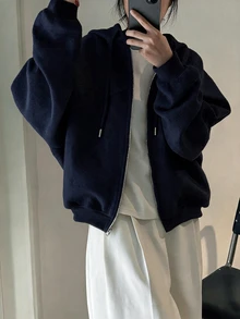 INAWLY 女款韓式時尚拉鍊連帽長袖運動衫 - 藏蓝色 - 查看 3