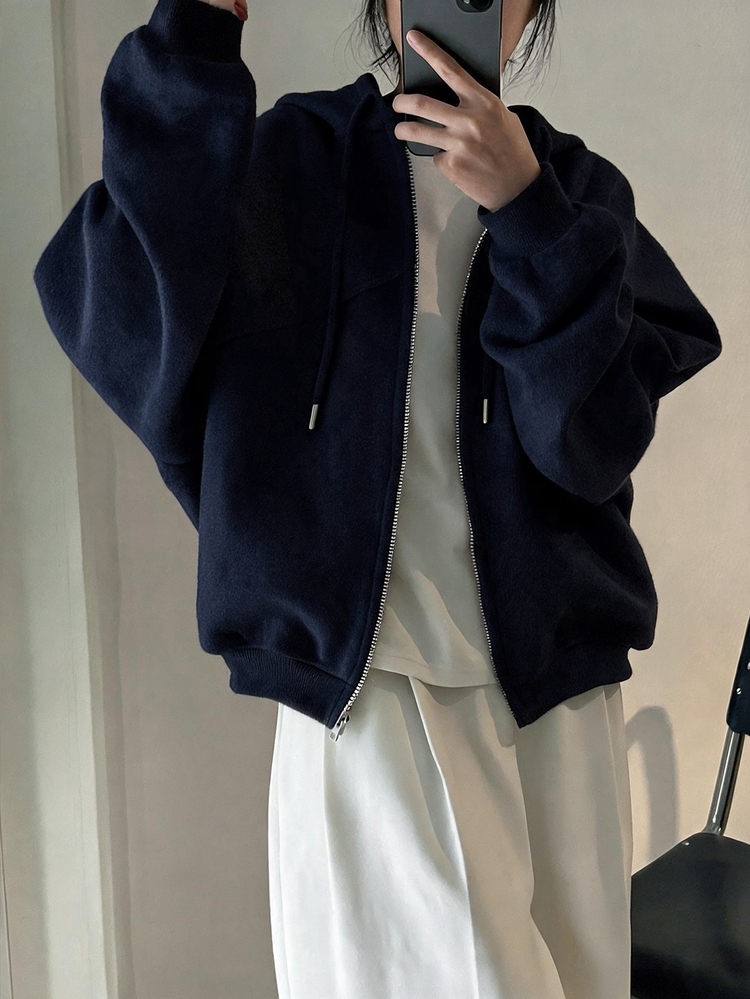 INAWLY Women's Fashion Zip-Up Long Sleeve Hooded Sweatshirt Korean Style - Navy Blue - View 3