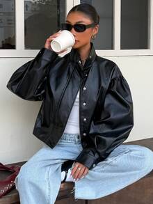 Muchica Women's Street Fashion Button Pocket PU Material Jacket - Black - View 3