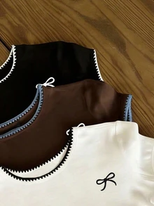 Tween Girls 3pcs/Set Simple Colorblock Small Shell Embroidered Trim Slim Fit Ruched Waist Round Neck Short Sleeve T-Shirt, Suitable For Summer, Personalized T-Shirt, Black & White Colorblock, Blue & Coffee Colorblock T-Shirt, Suitable For Spring/Summer, Casual & Comfortable - Multicolor - View 3