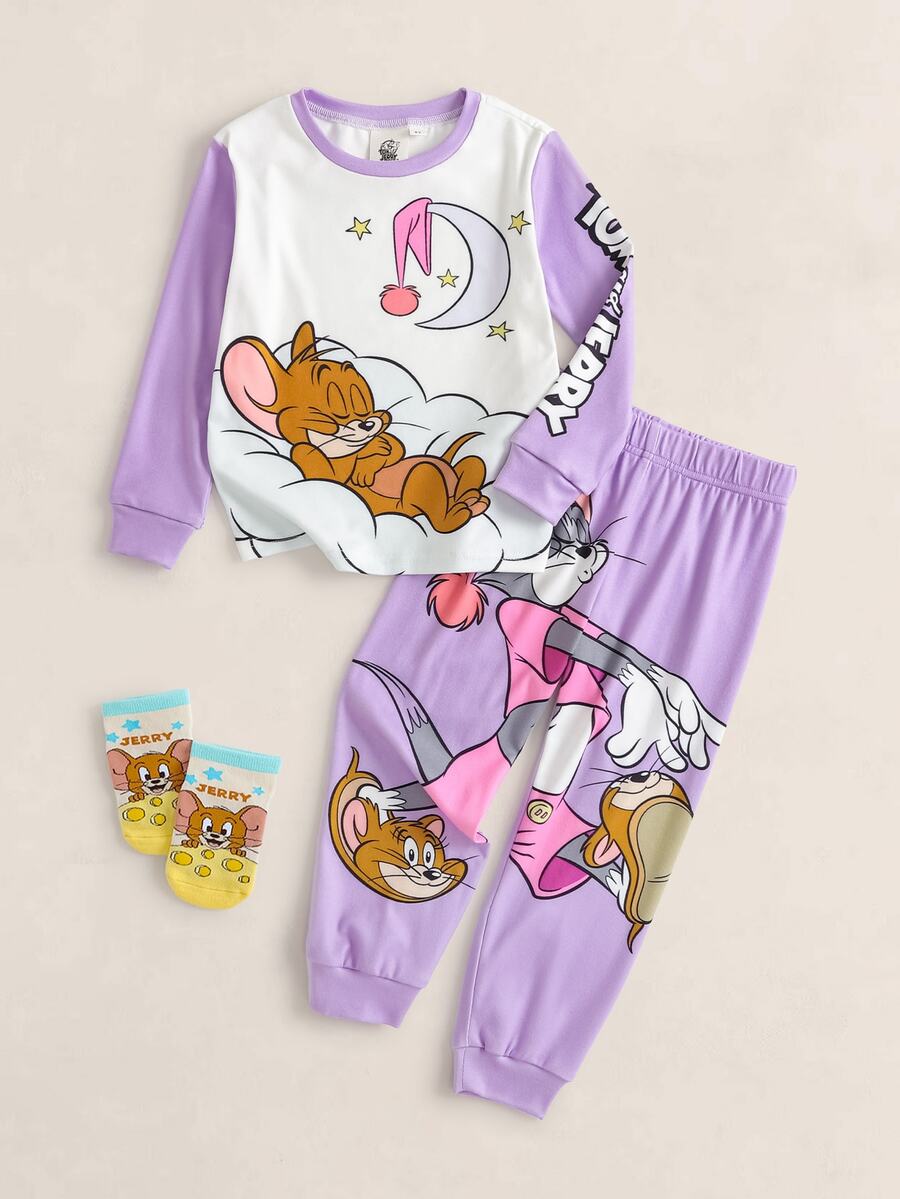 TOM & JERRY X SHEIN 女童卡通印花長袖上衣與長褲家居服套裝 - 淡紫色 - 查看 1