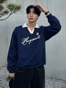 DAZY 男士海軍藍拼接拼接羅紋領字母印花刷毛布料短版套頭運動衫 - 寶藍色 - 查看 4