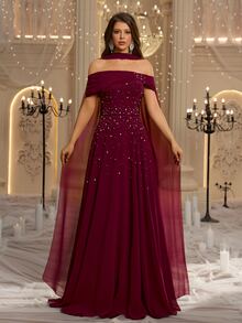 Glamrae Elegant Luxurious Beaded Diamond Sexy Off Shoulder A-Line Chiffon Ruched Dress With Halter Neck, Suitable For Wedding, Party, Bachelor Party, Vacation, Ball, Evening Gala - Burgundy - View 2