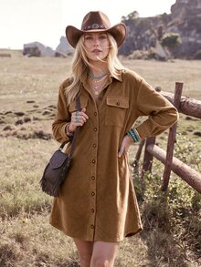 Wildy BOHO 休閒西式鄉村遊牧風女款秋冬日常基礎燈芯絨長袖短洋裝 - 棕色 - 查看 7