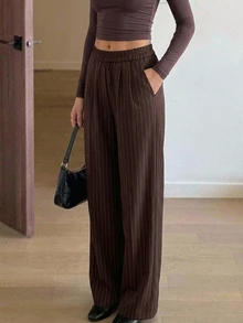 Strévra Women's Striped Casual Versatile Daily Wear Long Pants Fall - Burgundy - View 6