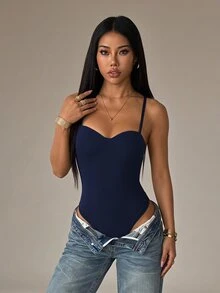 SHEIN PETITE Women's Solid Color Sexy Fashion Camisole Bodysuit - Navy Blue - View 2