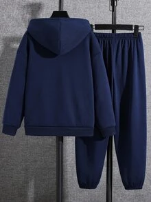 SHEIN 兒童 2 件組 青少年男孩休閒遊戲機圖案連帽衛衣與運動長褲，適合秋冬返校季節 - 寶藍色 - 查看 3
