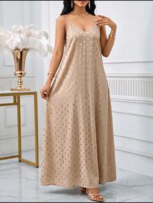 SHEIN Lady 女款波點休閒派對細肩帶長洋裝 - 卡其色 - 查看 3