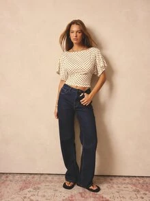 Aralina 女款黑白波點夏季優雅法式茶會早午餐上衣，船領短款蝙蝠袖飄逸袖口，收腰繫帶，老錢風 - 淡黃色 - 查看 6