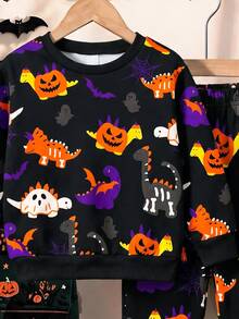 Conjunto de 2 piezas de sudadera y pantalones deportivos casuales y cómodos de manga larga para niños pequeños, adecuado para otoño/invierno, con estampado clásico de Halloween de calabaza, araña, bruja, fantasma, dinosaurio, esqueleto y murciélago, cuello redondo, de punto suave, estilo casual - Multicolor - Ver 5