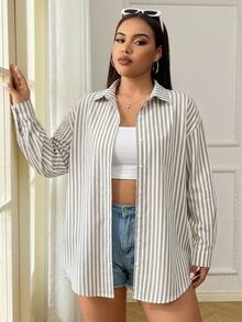 SHEIN EZwear 女款大尺碼杏色拼色條紋長袖襯衫 - 卡其色 - 查看 6