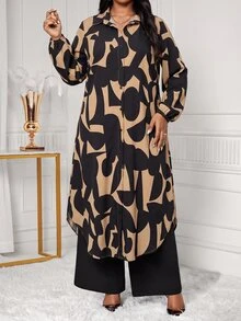 SHEIN Lady 大尺碼秋季時尚全印花襯衫與長褲兩件套 - 彩色 - 查看 3