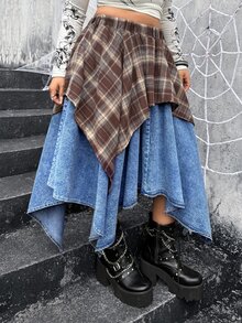 Jeanoix Plus Size Plaid Patchwork Asymmetric Hem Denim Skirt - Multicolor - View 6