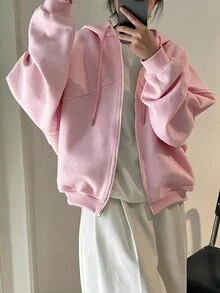INAWLY 女款純色抽繩休閒日常旅行拉鍊連帽長袖運動衫 - 粉色 - 查看 3