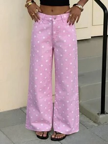 SHEIN Tall 女款圓點印花寬腿牛仔褲 - 粉色 - 查看 4