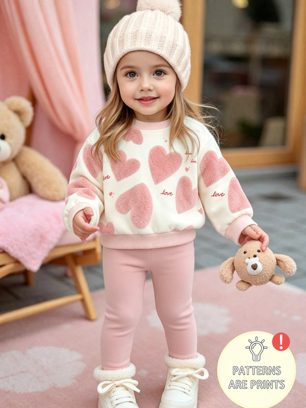 Infant & Toddler Girls Autumn/Winter Heart Print Sweatshirt Set, Fleece Lined Crew Neck Sweatshirt With Solid Color Long Pants, All-Over Heart Print Design, Loose & Comfortable Fit, Sweet Girl Style, Suitable For Daily Wear And Outings, Fashionable 2-Piece Set For Girls, Easy To Match And Stylish, Autumn/Winter Sweatshirt Set 2-Piece For Halloween, Christmas, Back To School Season