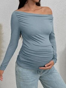 SHEIN 孕婦純色抓皺不對稱領長袖修身T恤 - 霧霾藍 - 查看 3