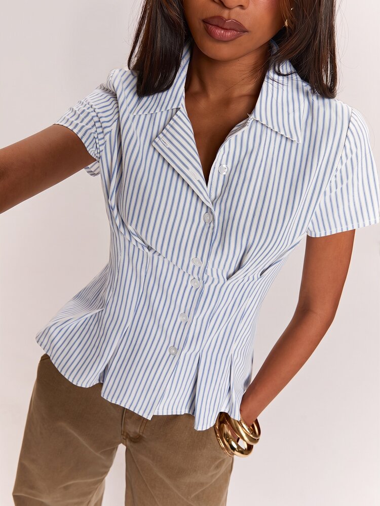 SHEIN BAE Women's Striped Pleated Casual Versatile Daily Commute Shirt - Navy Blue - View 6