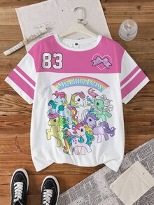 My Little Pony X SHEIN Kaos Lengan Pendek Kasual Sehari-hari Wanita Ukuran Besar dengan Motif Kartun Huruf - Putih - View 1