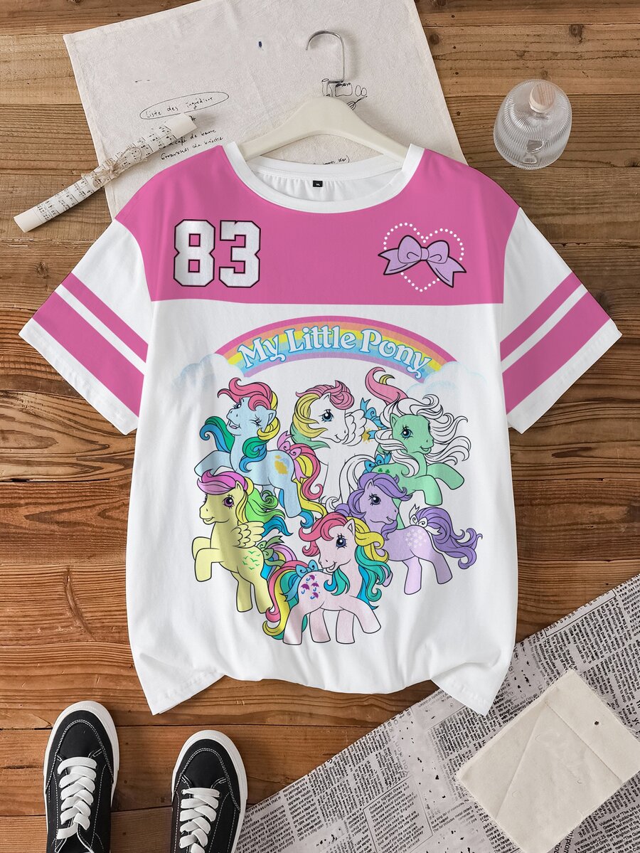 My Little Pony X SHEIN Kaos Lengan Pendek Kasual Sehari-hari Wanita Ukuran Besar dengan Motif Kartun Huruf - Putih - View 1