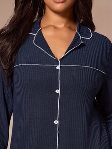 Lazeform Soft Ribbed Wood Ear Trim Cardigan Plus Size Loungewear Nightgown - Navy Blue - View 2