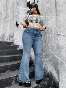 Jeanoix Plus Size Women's Casual Daily Denim Flare Pants With Pockets And Buttons - Blue - View 1