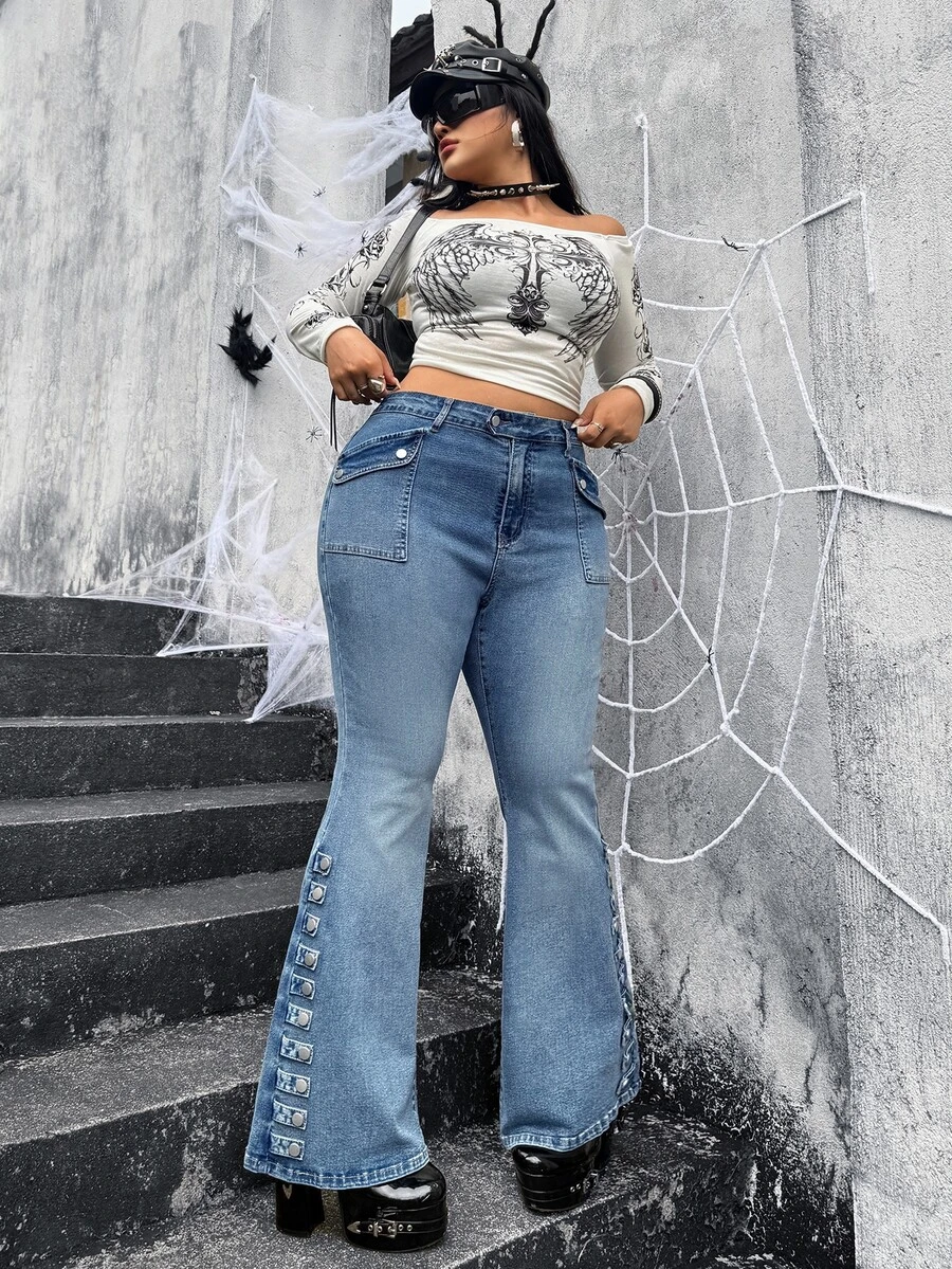 Jeanoix Plus Size Women's Casual Daily Denim Flare Pants With Pockets And Buttons - Blue - View 1