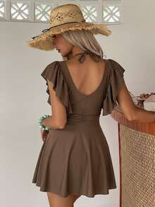 Livesso Women's Korean Style Ruffle Cuff Pleated Swim Dress Vacation - Brown - View 7
