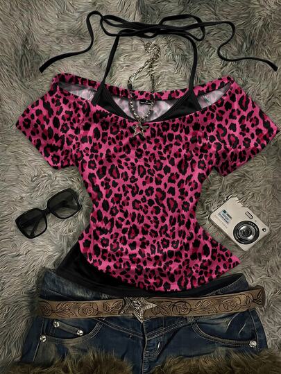 Attitoon Women's Casual Vintage Fitted 2 In 1 T-Shirt, Color Block, Pink Leopard Print, Y2K Style