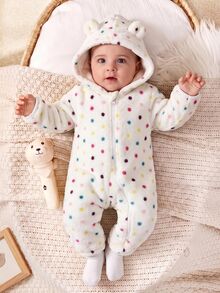 SHEIN Baby Girl Autumn/Winter Cute Fluffy Polka Dot Hooded Romper - White - View 5