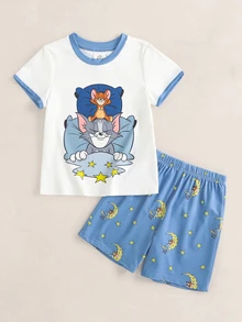 TOM & JERRY X SHEIN Young Boy Cartoon Print Short Sleeve T-Shirt And Shorts Loungewear Set - White - View 1