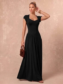 Lumalex Women's Solid Color Pleated Casual Party & Travel Long Dress - Black - View 3