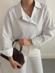Livesso Camisa elegante para mujer de estilo business casual holgado, otoño/primavera, 2 en 1, diseño de bloques de color con patchwork y rayas finas, abotonadura asimétrica, moda urbana para ir a la oficina