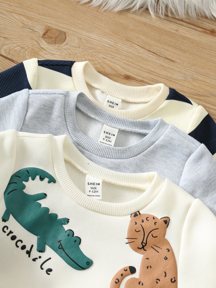 SHEIN Baby Boy Cartoon Pattern Knitted Soft Crew Neck Long Sleeve Pullover Sweatshirt Elastic Waist Long Pants 6pcs -Piece Set Versatile Comfortable - Multicolor - View 5