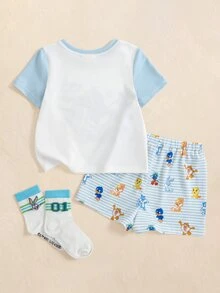 LOONEY TUNES X SHEIN Baby Boys Cartoon Print T-Shirt And Shorts Set - Blue and White - View 2