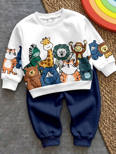 Baby Boys Crew Neck Casual Comfortable Long Sleeve Sweatshirt And Pants Set, Classic Handsome Cute Cartoon Hand-Drawn Animal Meeting Pattern Print, Monkey, Zebra, Hippo, Lion, Tiger, Giraffe, Rhino Hand-Drawn Cartoon Image Print, Suitable For Autumn/Winter