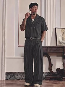 SWAVVY Men's Striped Shirt And Suit Pants Set - Black - View 2