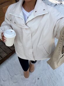Muchica Off-White 女款編織冬季保暖外套，加厚款，適合秋冬新年日常外出與夜店，極簡休閒風 - 杏色 - 查看 5