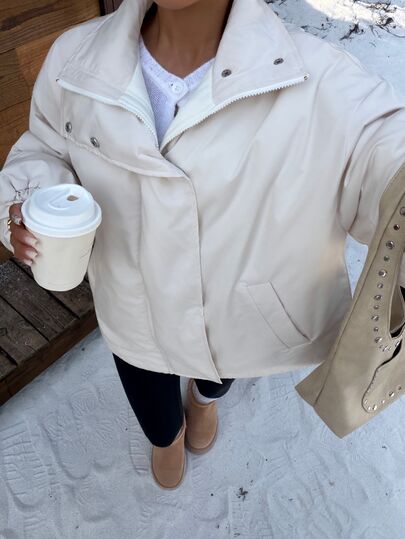 Muchica Off-White 女款編織冬季保暖外套，加厚款，適合秋冬新年日常外出與夜店，極簡休閒風