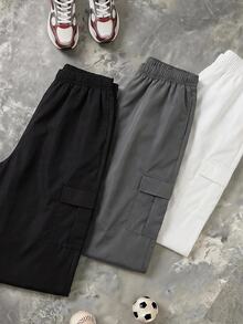 SHEIN 兒童青少年男孩休閒日常舒適工裝直筒寬鬆長褲，黑色工裝褲，新年款，6-7歲適用，適合外出、上學，春秋夏冬四季皆宜 - 彩色 - 查看 3