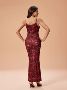 Glamance ORANGE STUDIO Vestido maxi de mujer con tirantes finos, estampado de lentejuelas rojas brillantes, elegante, maduro, casual, sexy para salidas, trabajo, oficina, uso diario, fiesta, cumpleaños, vacaciones, viajes al Medio Oriente, playa, traje de baño, estilo bohemio, Halloween, vuelta a la escuela, Día de la Independencia, verano - Rojo - Ver 2