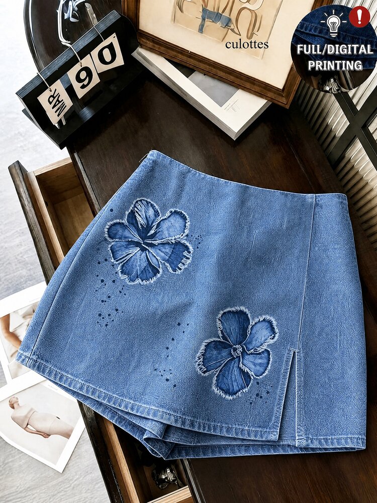 SHEIN Franclia Fashion Casual Commute Versatile Denim-Effect Printed Texture Soft Fabric High Waist Slit Women's Shorts/Skirt/Wide Leg Pants/Hot Pants - Blue - View 3