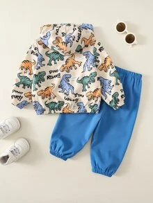 SHEIN 男嬰卡通恐龍圖案拼色連帽長袖外套與鬆緊腰長褲2件套，百搭舒適 - 彩色 - 查看 2