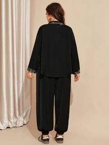 Comfylo Plus Size Sequin Long Sleeve Shirt And Cuffed Pants 2 Pieces Set - Black - View 2