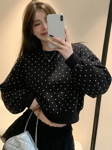 DAZY Women's Polka Dot Print Crew Neck Drop Shoulder Long Sleeve Sweatshirt Fall - Black - View 5